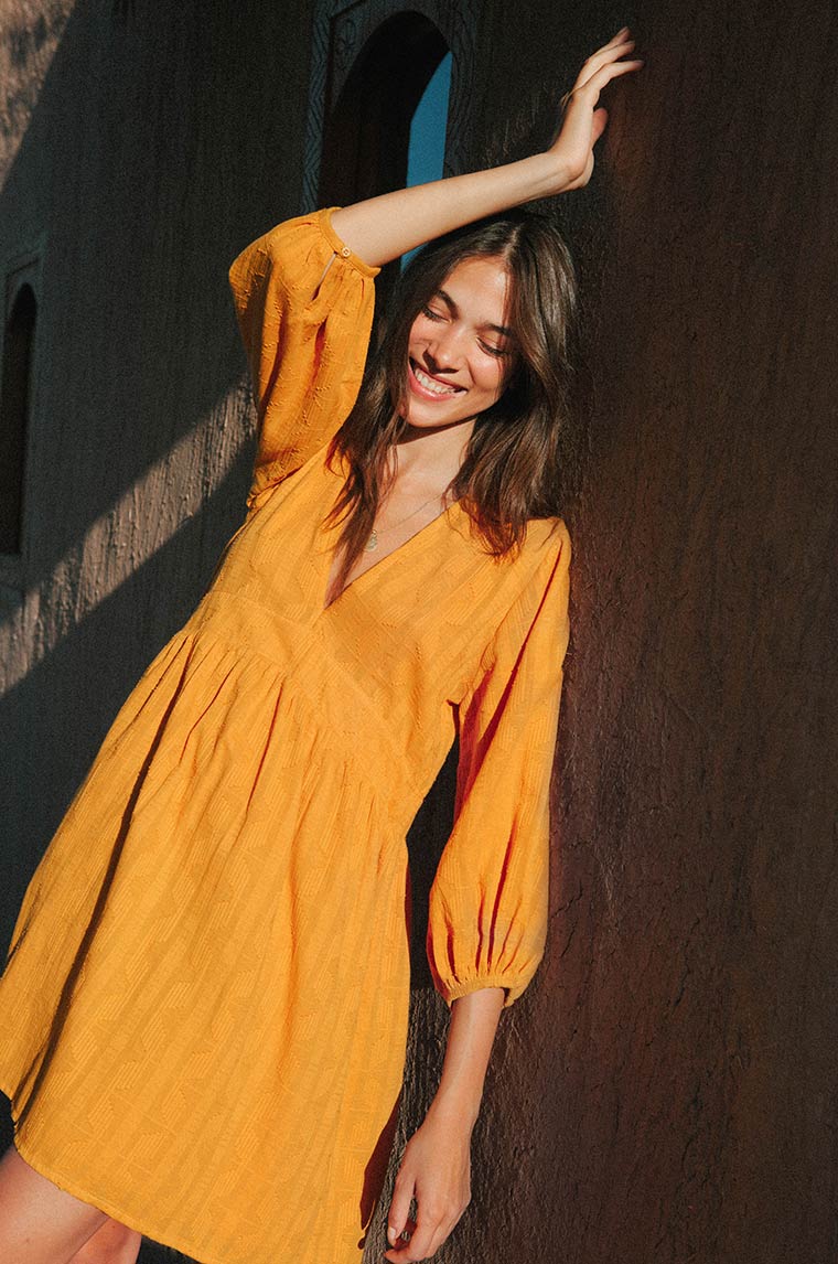 Golden yellow mini dress - sustainable fashion