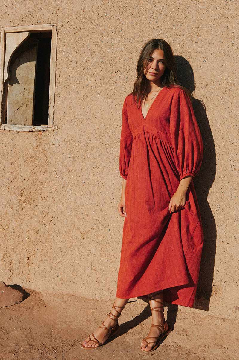 Rusty red midi dress with peasant sleeves