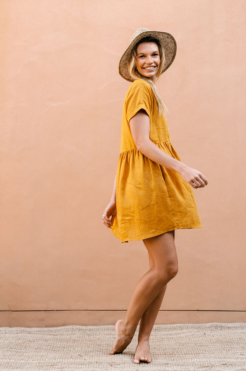 Golden yellow button-up bodice dress - breastfeeding friendly