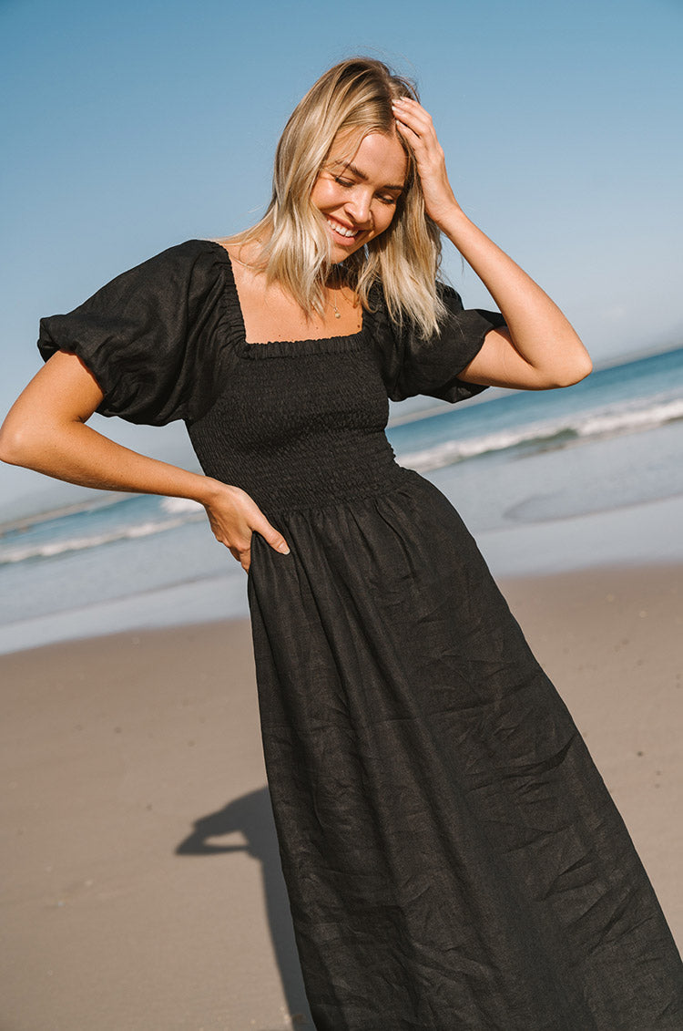 Black Linen Midi Dress with Shirred Bodice - ROVE Australia
