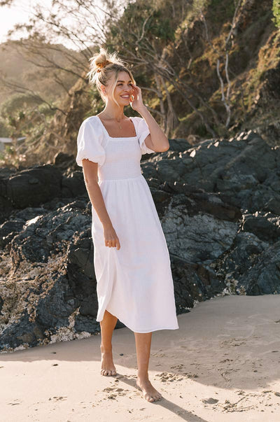 White Midi Dress - Feel Good in Soft 100% Linen - ROVE
