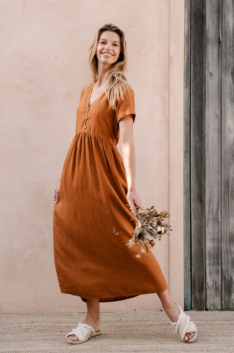 Dark orange button-up bodice - midi dress