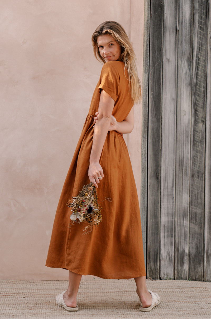 Long baby doll burnt orange linen midi dress