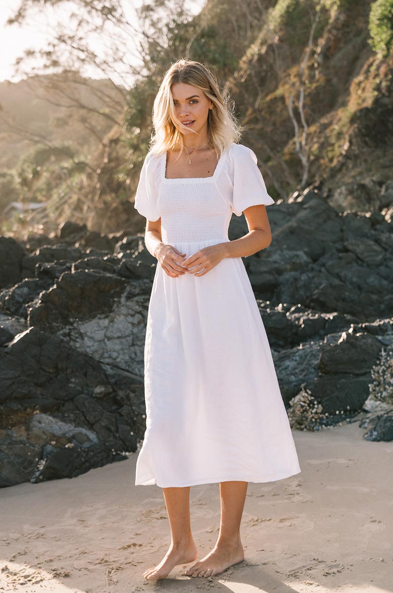 Puff sleeved ethically made midi dress