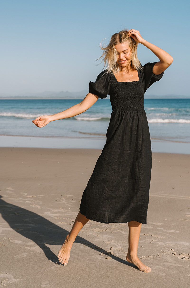 Black Linen Midi Dress with Shirred Bodice