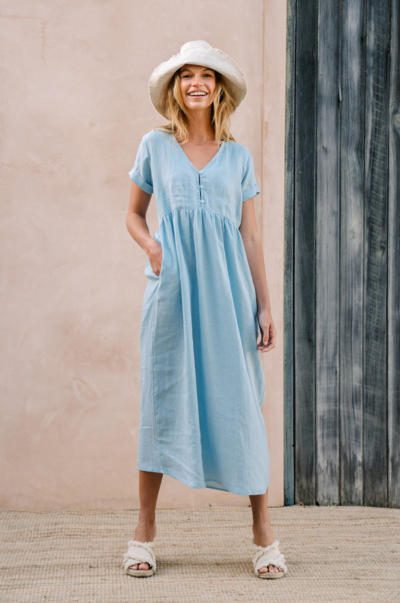 Breastfeeding friendly dress - ice blue v-neck midi