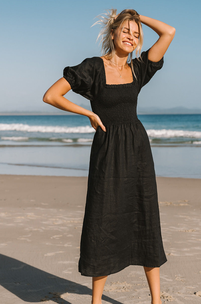Black Linen Midi Dress with Shirred Bodice