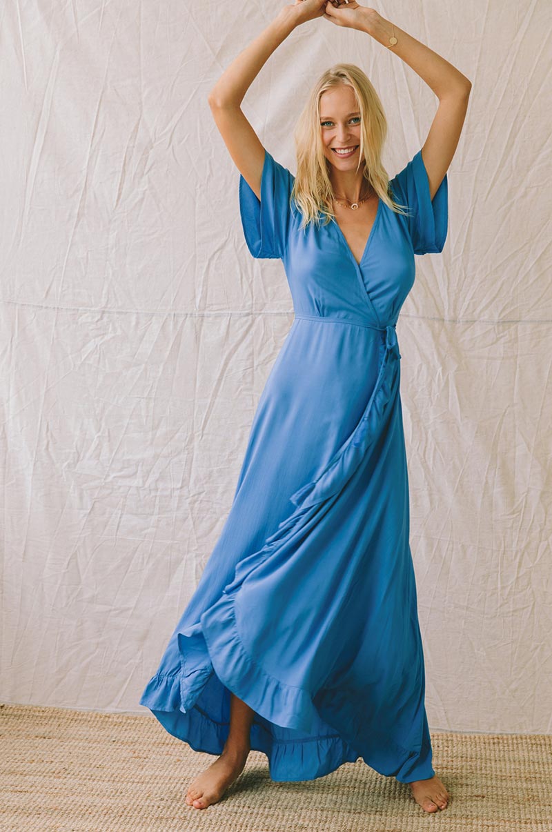 Stunning wedding guest dress - full length bright blue dress