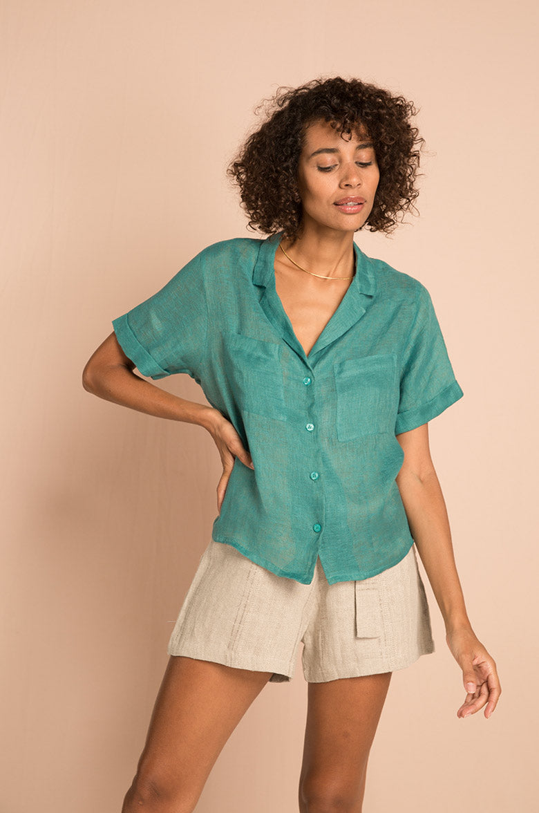 Box cut linen shirt - see green