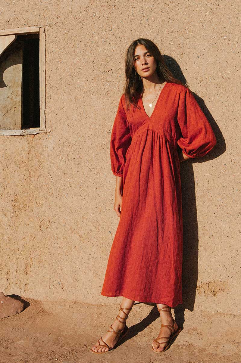 Warm red cotton jacquard ALMA Midi Dress
