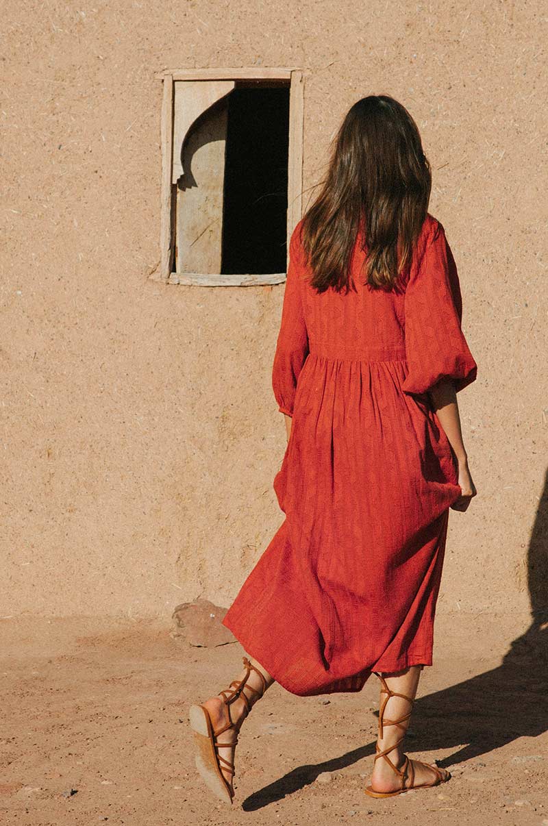 ALMA Midi Dress - warm red cotton