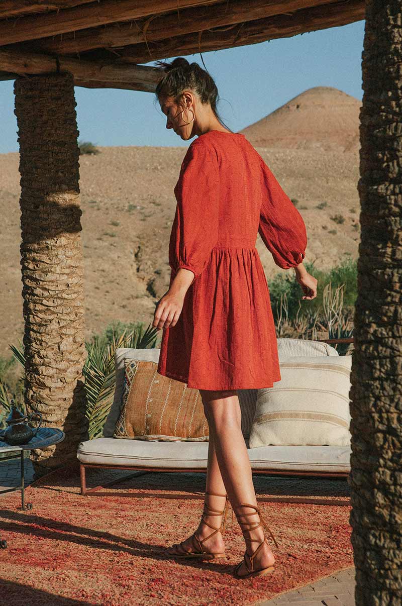 Sustainable ruby red mini dress with gathered waist