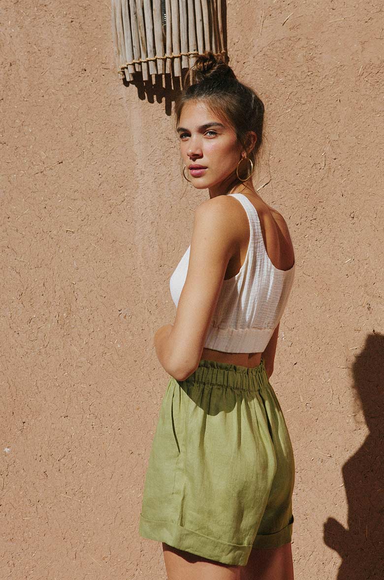 Green high-waisted beach shorts - sustainable design
