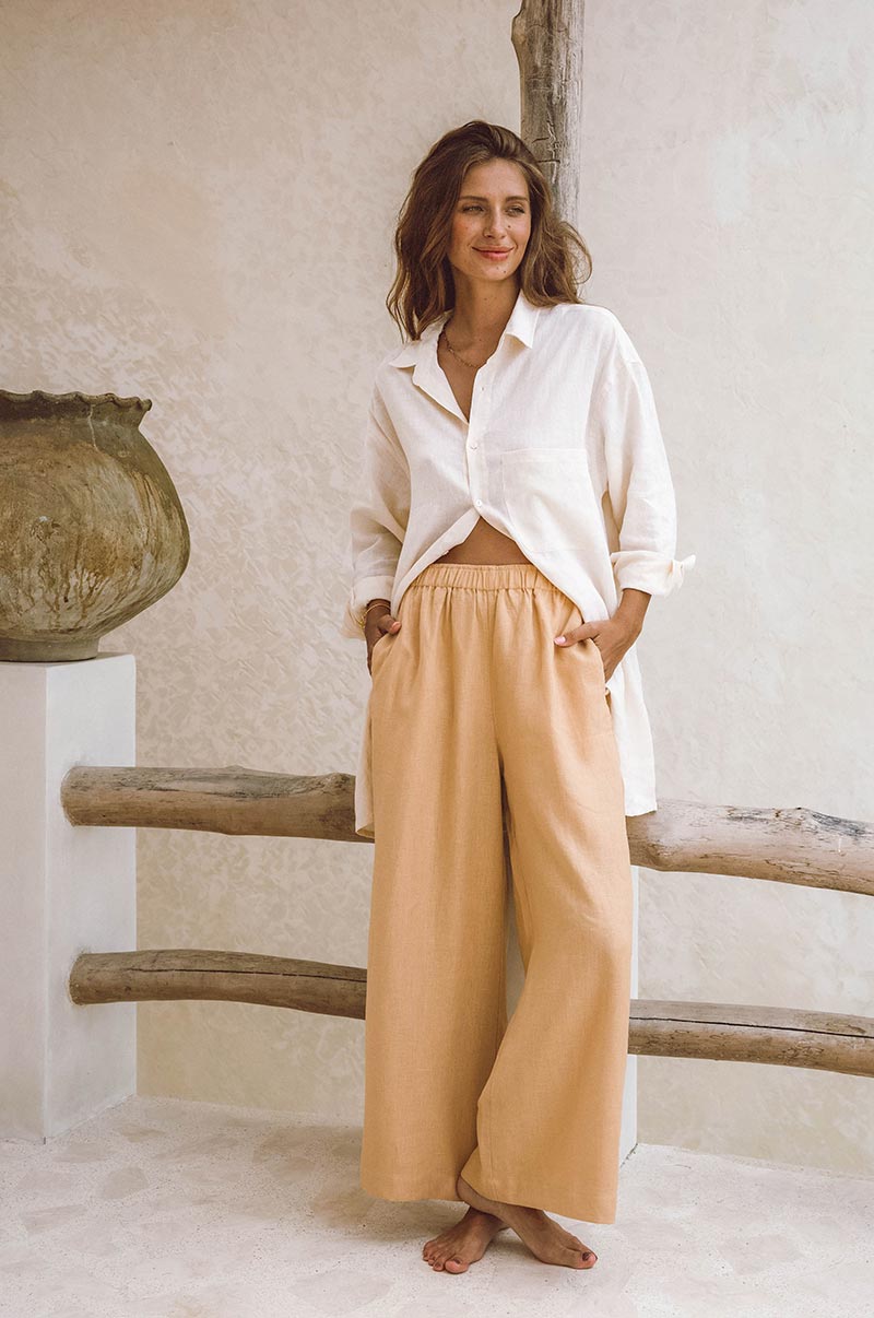 Elastic waistband camel full length linen trousers