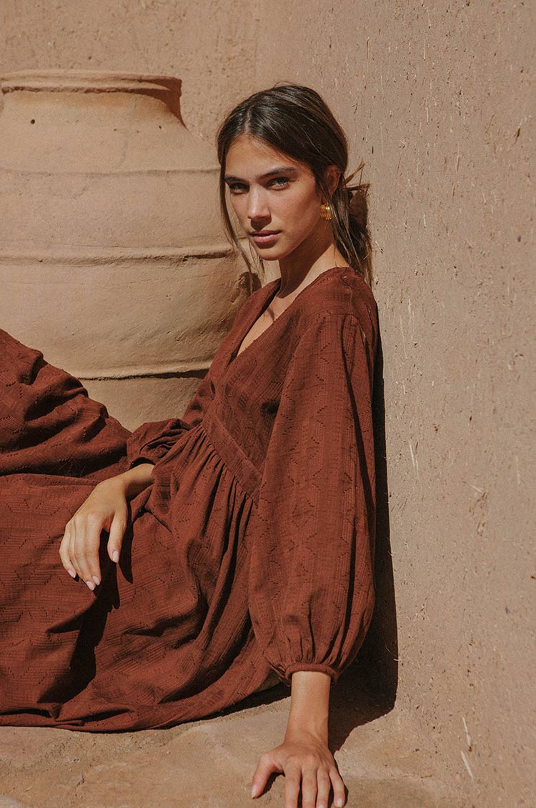 Brown midi dress with peasant sleeves 