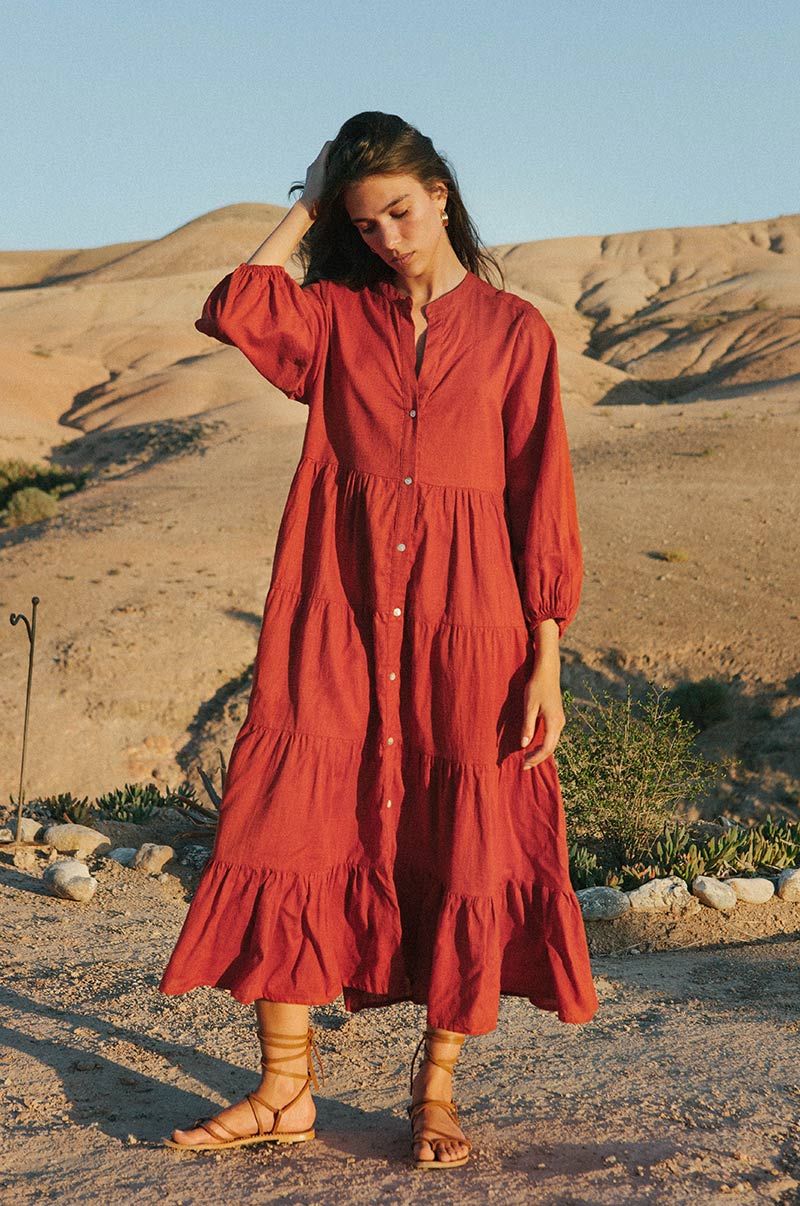 Warm red tiered midi dress